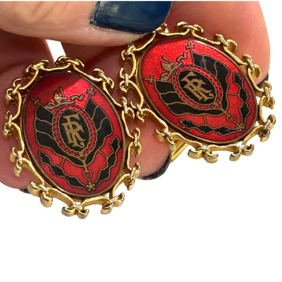 Vintage Swank Cufflinks Statement Ovals gold red & black 3rd French Coat of Arms - Picture 3 of 7